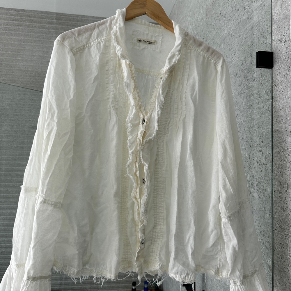 White Blouse with Ruffled Details and Mandarin Collar